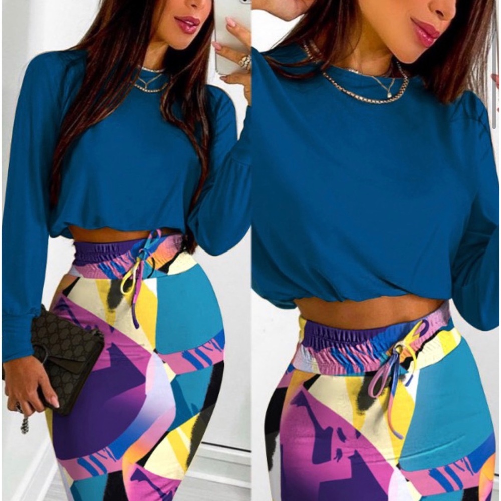 Long Sleeve Top & Abstract Print Drawstring Shirred Skirt Set